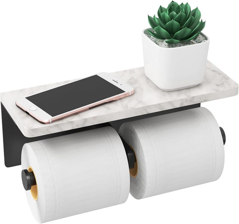 Gypie Toilet Paper Holder with Shelf, New Upgrade Double Toilet Paper Holder with Storage, Marble Roll Toilet Paper Wall Mount for Bathroom Washroom(Black) - Image 1
